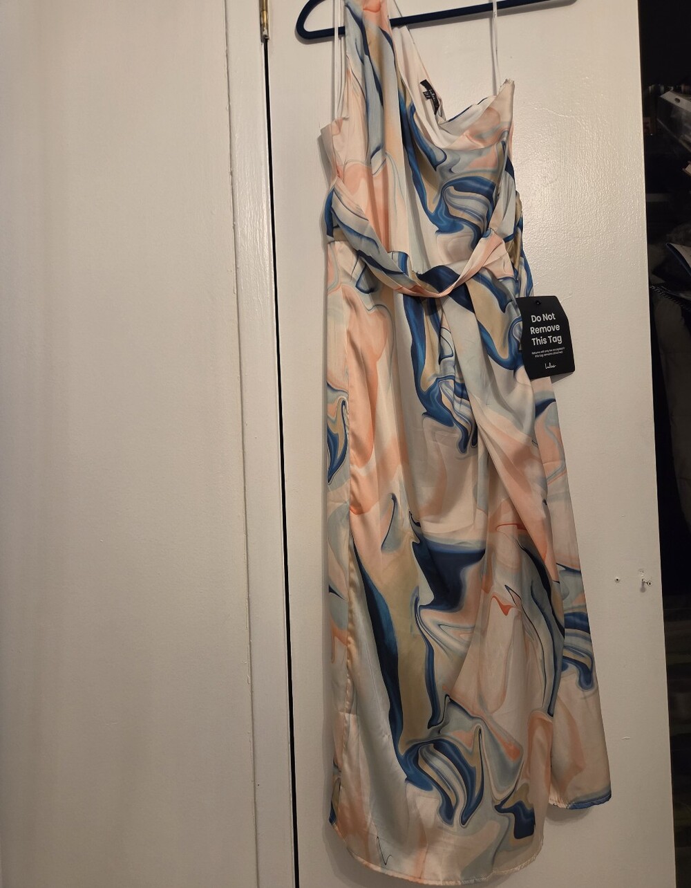 Lulu's One-Shoulder Marble Print Midi Dress in Peach, Blue & Cream